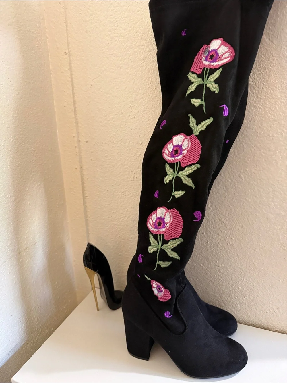 Carlos Santana Embroidered Over-the-Knee Boots with Pink Floral Detail